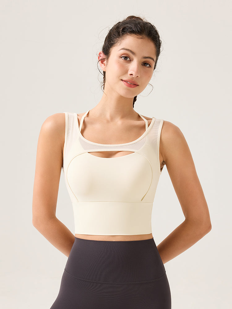 背中見せ フェイクレイヤード メッシュ切り替え ノースリーブ パッド付き