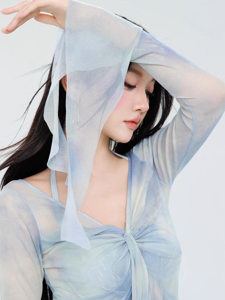 フリル タイダイ柄 シースルー 体型カバー ビキニ水着4点セット ワイヤー入り