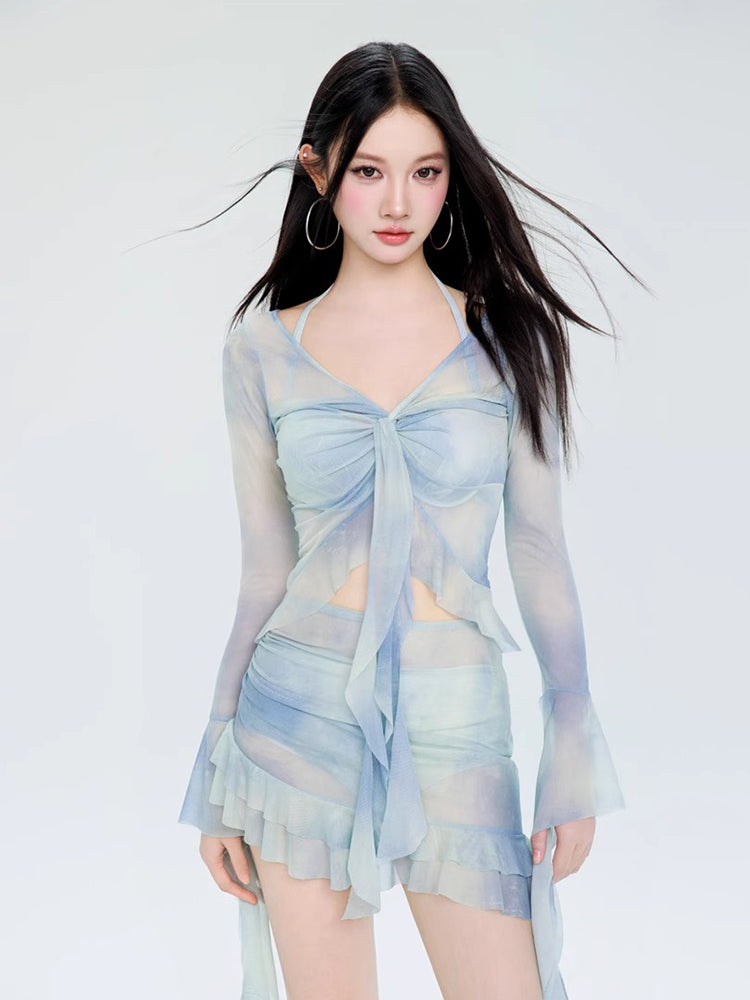 フリル タイダイ柄 シースルー 体型カバー ビキニ水着4点セット ワイヤー入り