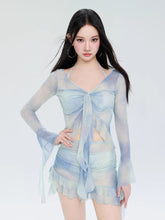 フリル タイダイ柄 シースルー 体型カバー ビキニ水着4点セット ワイヤー入り