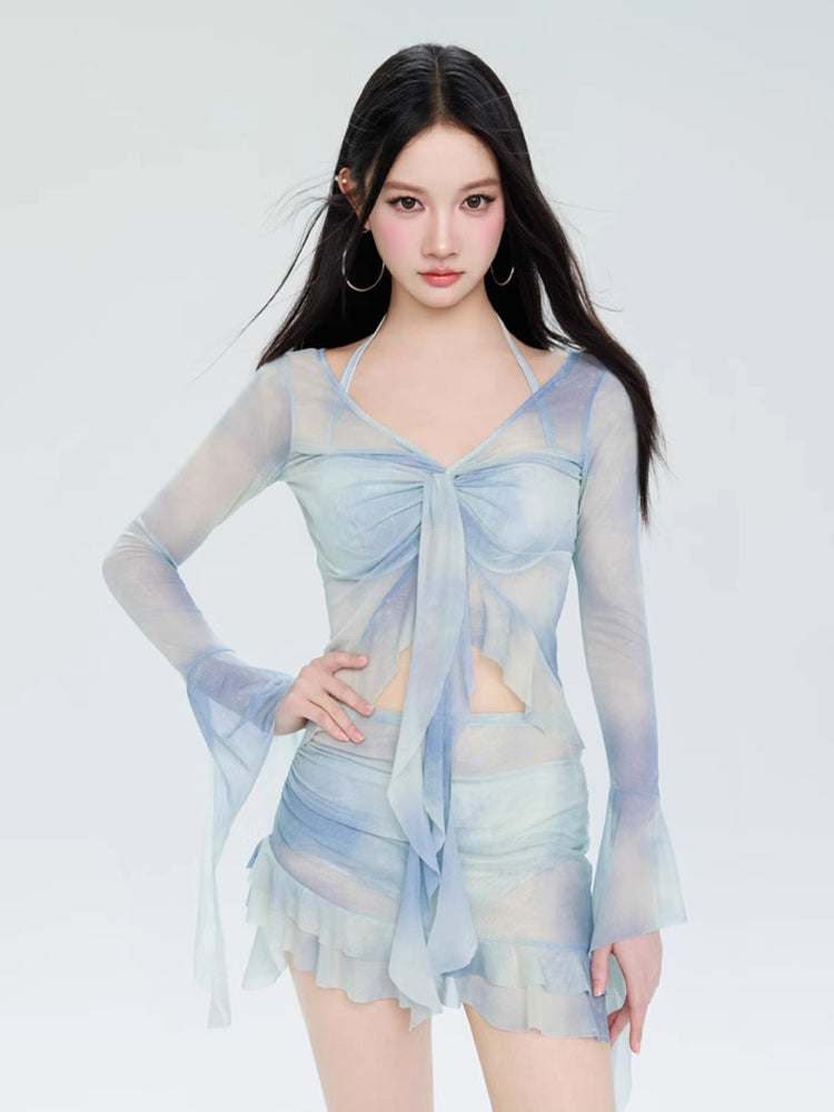 フリル タイダイ柄 シースルー 体型カバー ビキニ水着4点セット ワイヤー入り