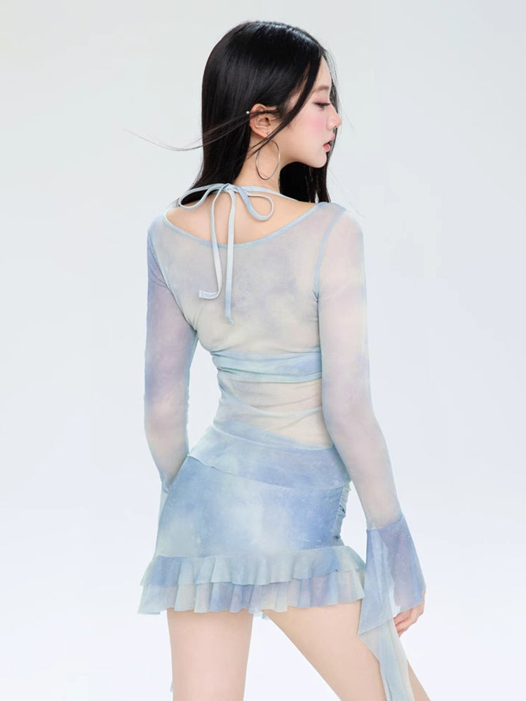 フリル タイダイ柄 シースルー 体型カバー ビキニ水着4点セット ワイヤー入り