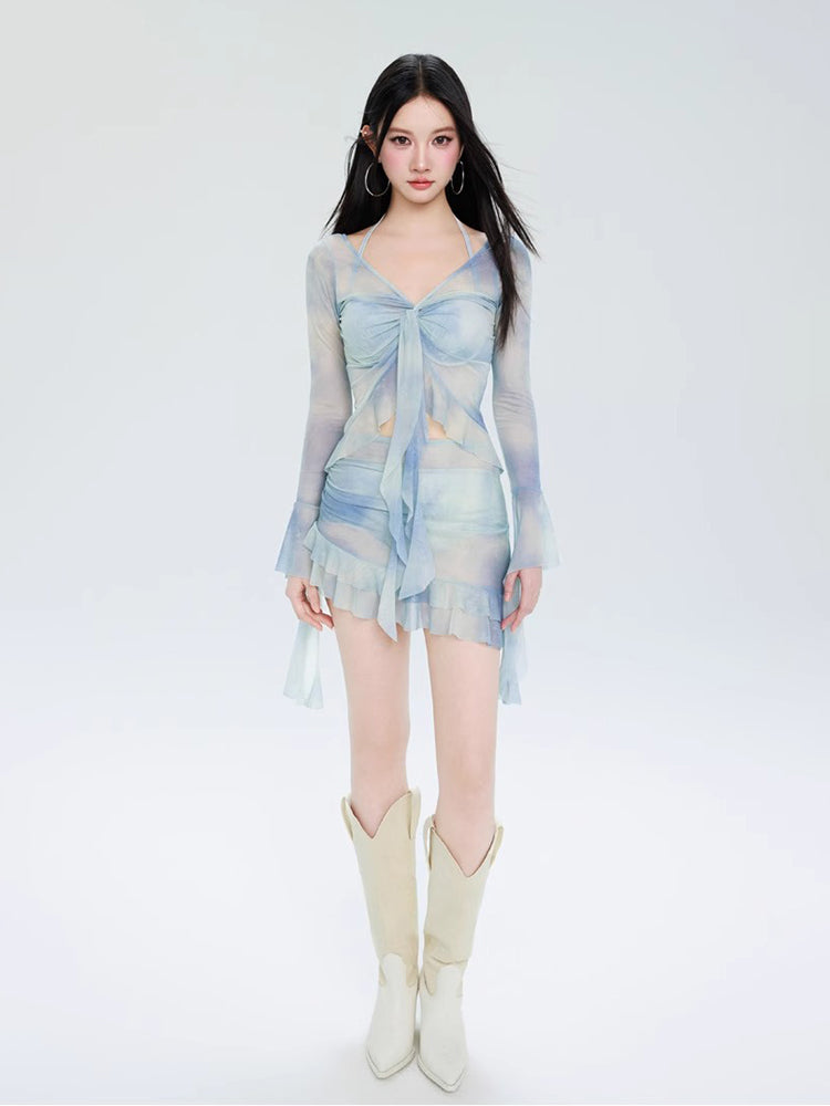 フリル タイダイ柄 シースルー 体型カバー ビキニ水着4点セット ワイヤー入り