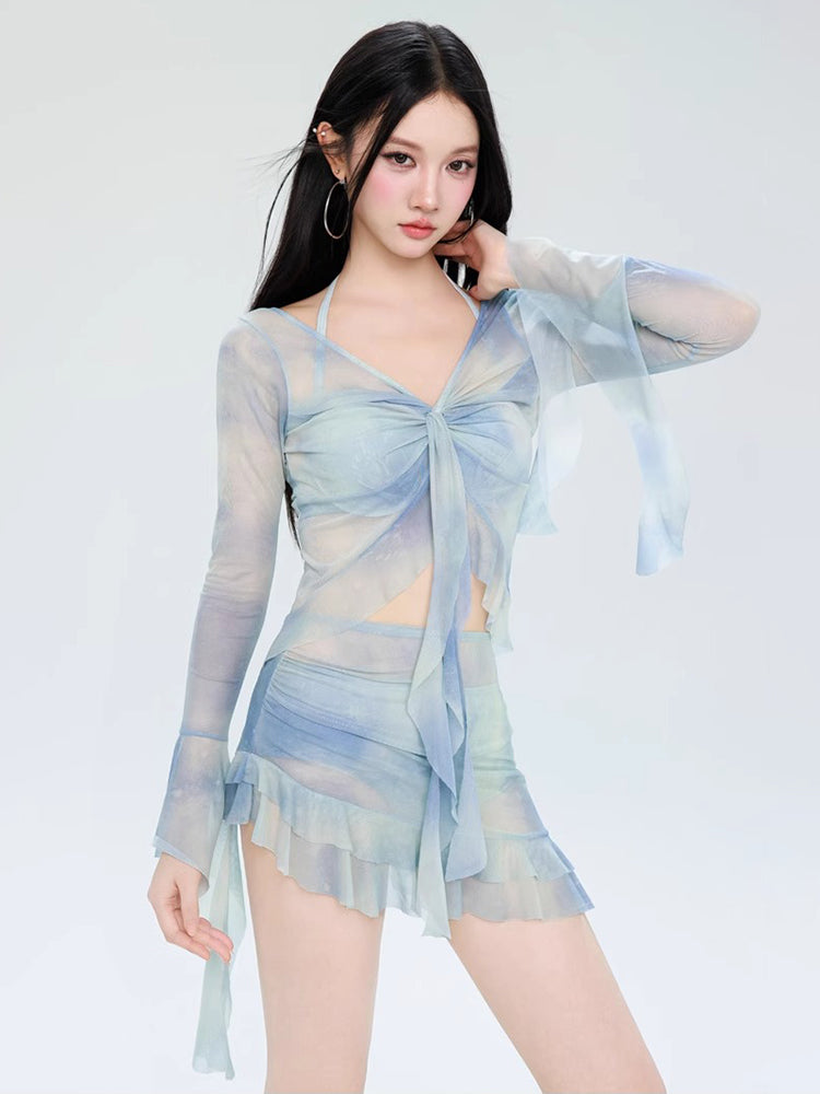 フリル タイダイ柄 シースルー 体型カバー ビキニ水着4点セット ワイヤー入り