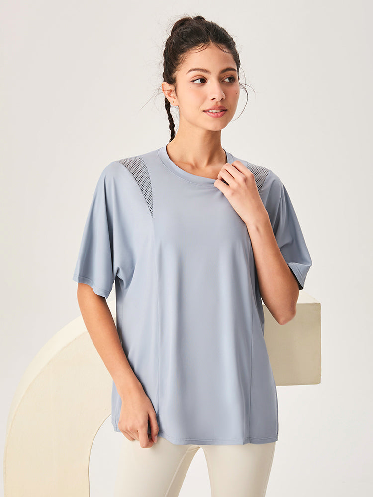 ゆったり ロング丈 半袖Tシャツ メッシュ切り替え