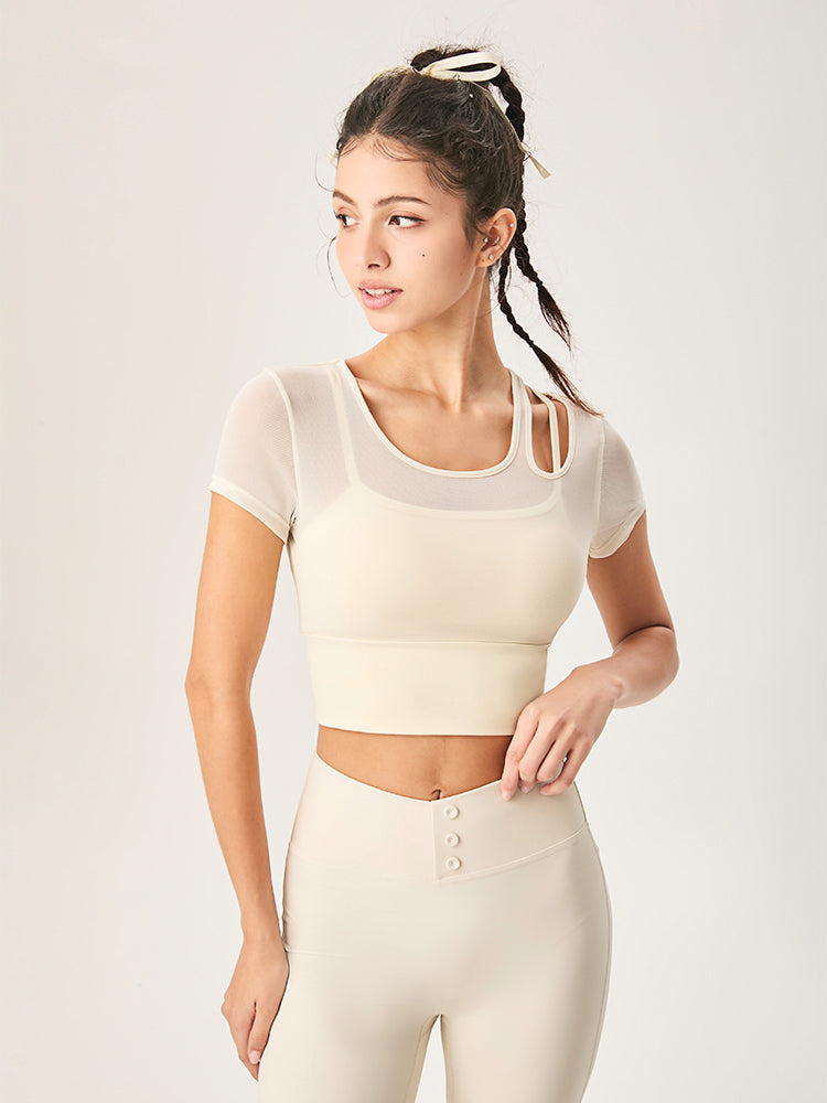 アシンメトリー 半袖 メッシュ切り替え ブラパッド付き フェイクレイヤード