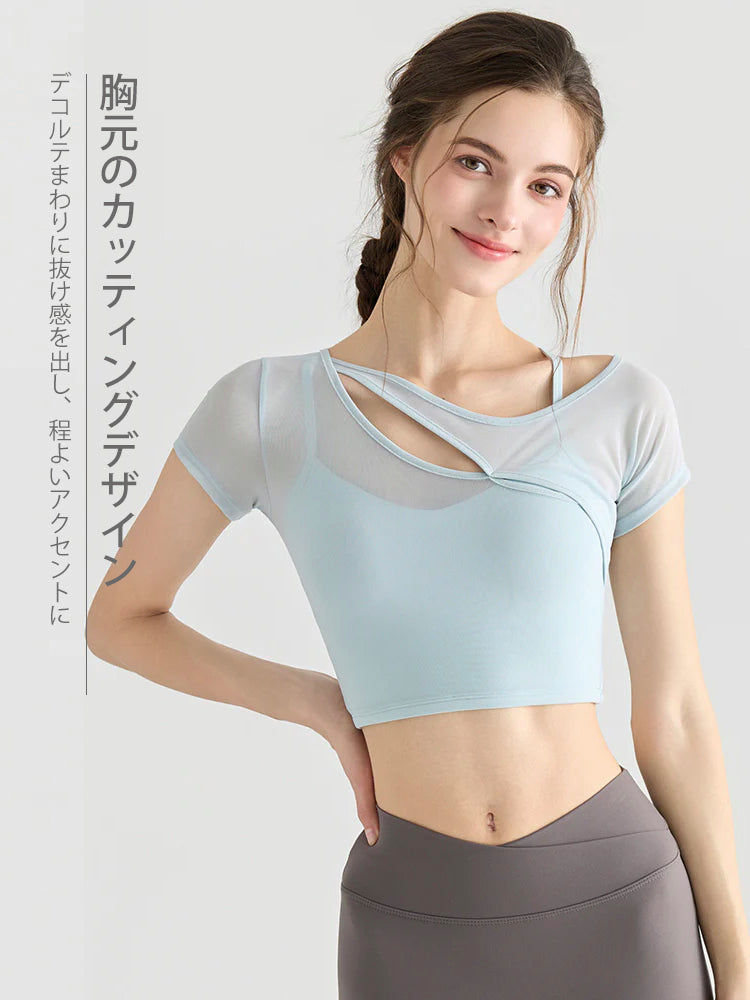 レイヤード メッシュ切り替え バックダブルクロス パッド付き 半袖