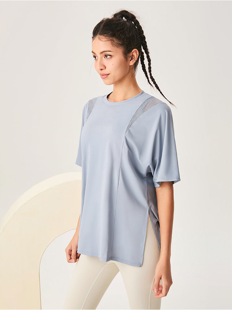 ゆったり ロング丈 半袖Tシャツ メッシュ切り替え