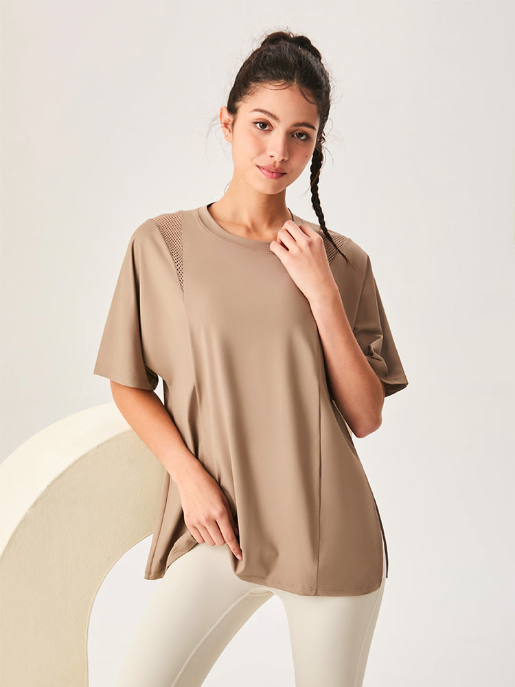 ゆったり ロング丈 半袖Tシャツ メッシュ切り替え