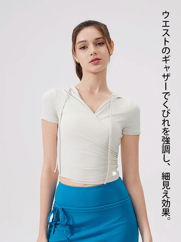 冷感 Vネック フード付き半袖