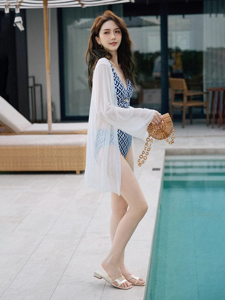 クロスバンド   ロングアウター付き  セパレート ビキニ水着3点セット  体型カバー  ノンワイヤー