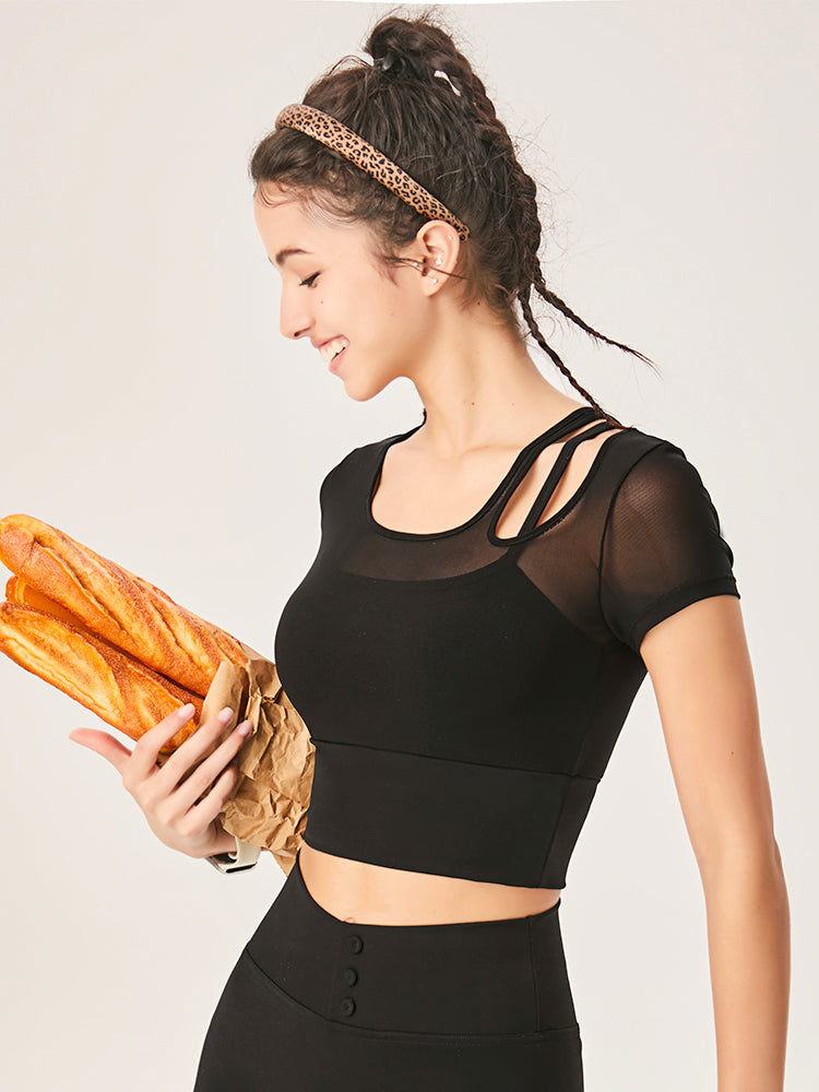 アシンメトリー 半袖 メッシュ切り替え ブラパッド付き フェイクレイヤード