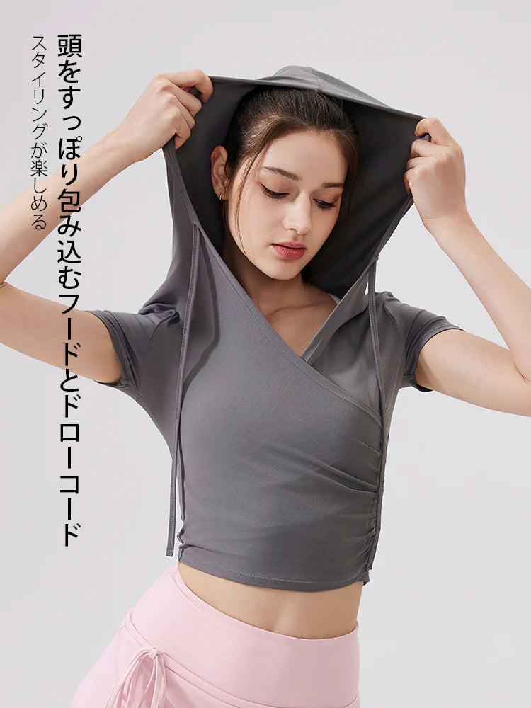 冷感 Vネック フード付き半袖