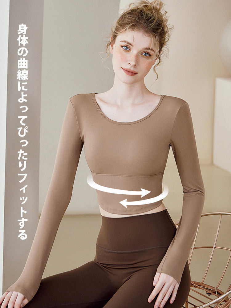 バック開き ストラップ交差 長袖トップス パッド付き