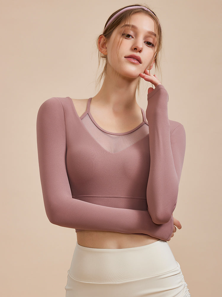 メッシュ切り替え フェイクレイヤード ブラトップ 長袖