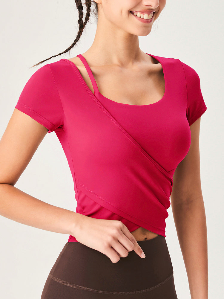 裾交差 アシンメトリー 半袖Tシャツ パッド付き