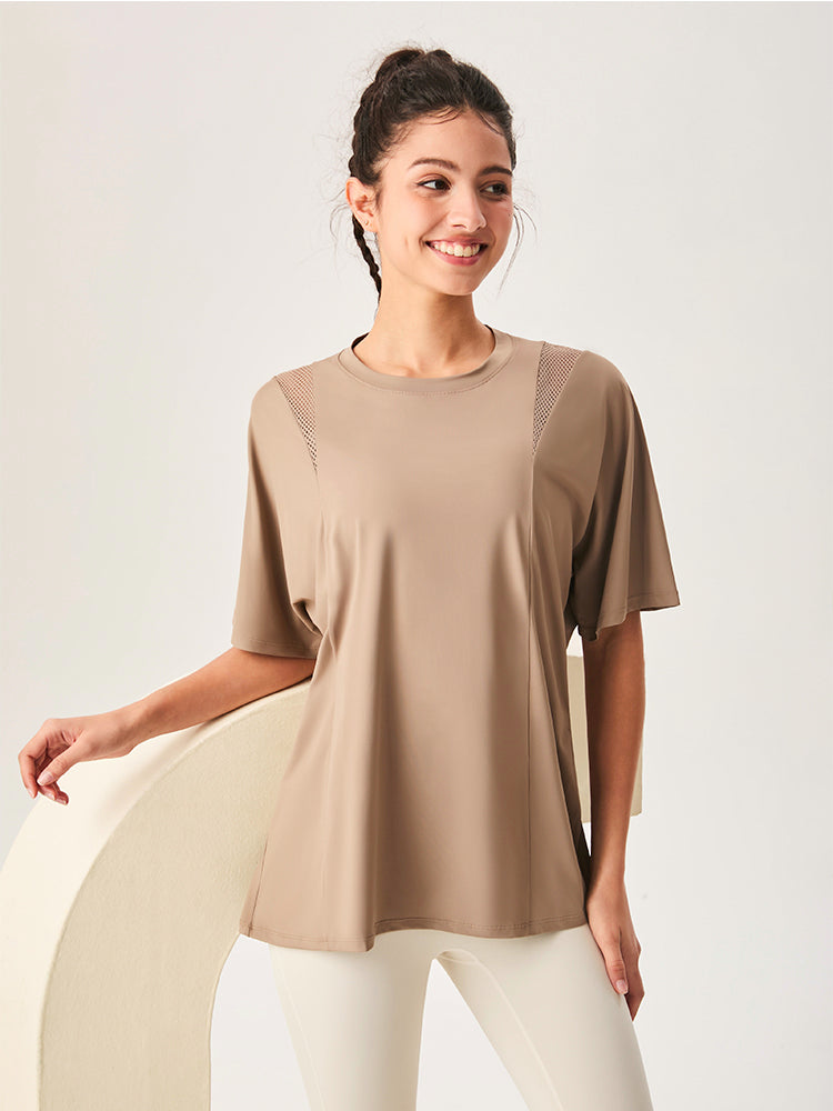 ゆったり ロング丈 半袖Tシャツ メッシュ切り替え