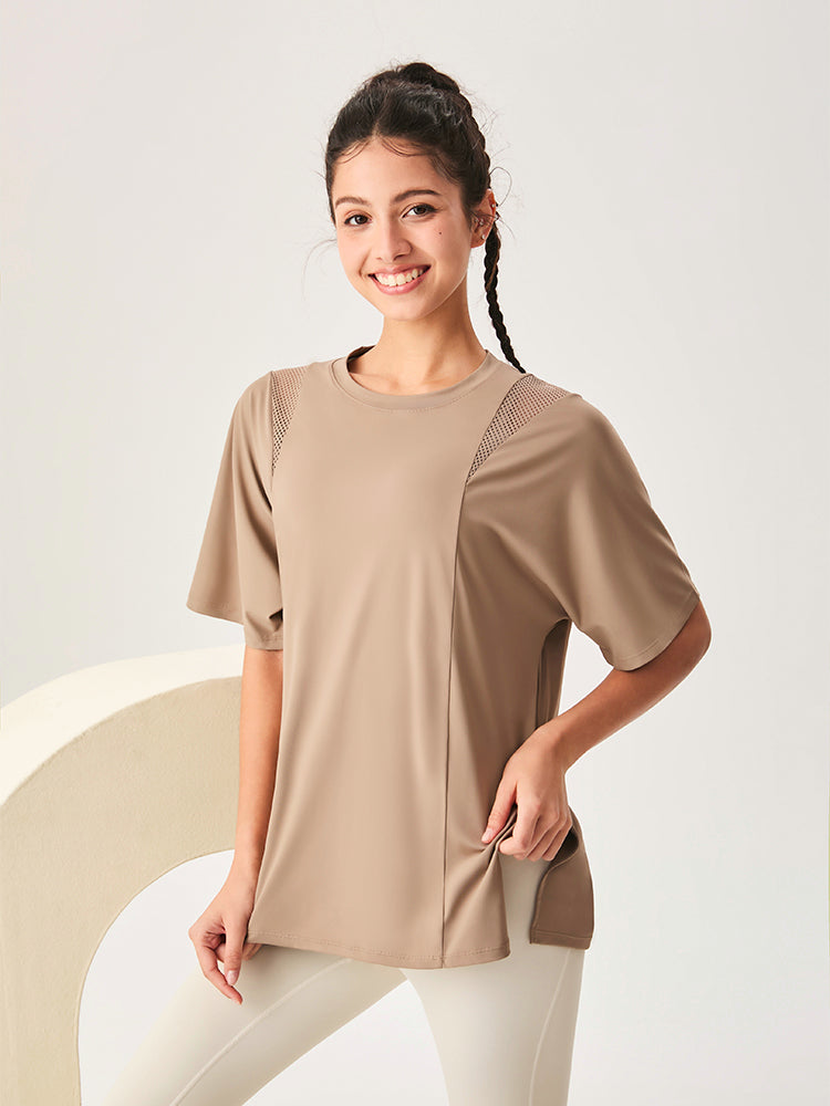 ゆったり ロング丈 半袖Tシャツ メッシュ切り替え