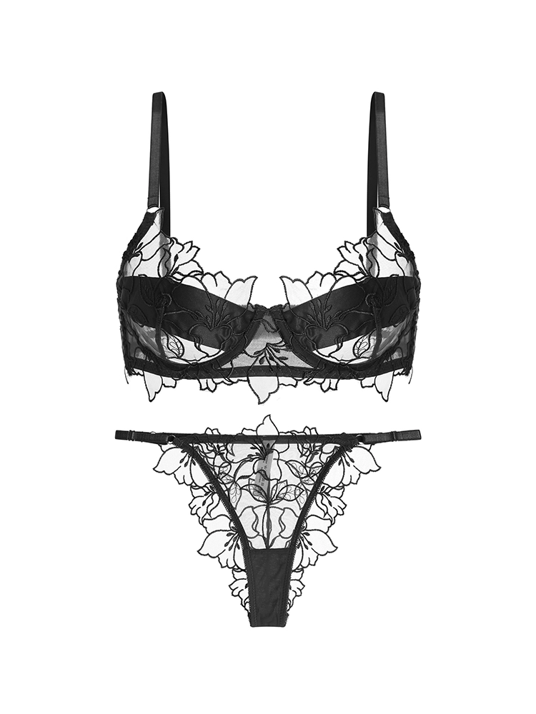 花咲く 刺繍レースノンパテッドブラ&ショーツセット