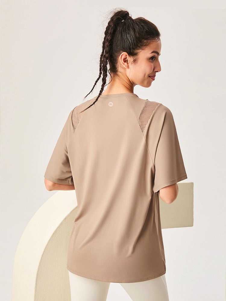 ゆったり ロング丈 半袖Tシャツ メッシュ切り替え