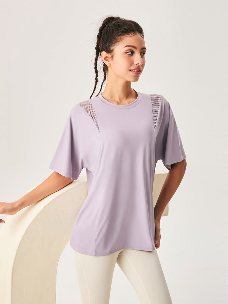 ゆったり ロング丈 半袖Tシャツ メッシュ切り替え