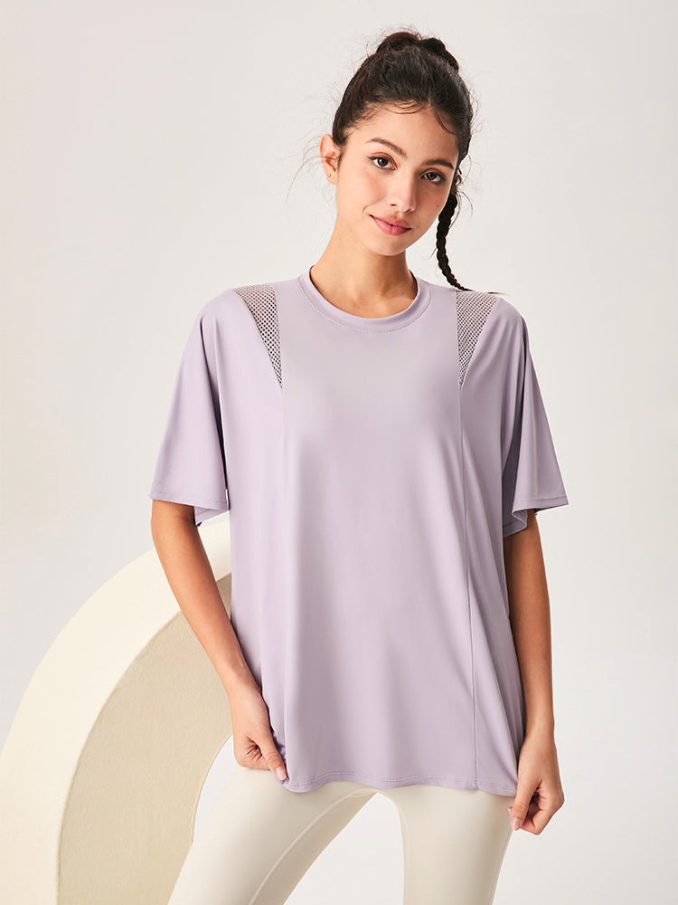 ゆったり ロング丈 半袖Tシャツ メッシュ切り替え