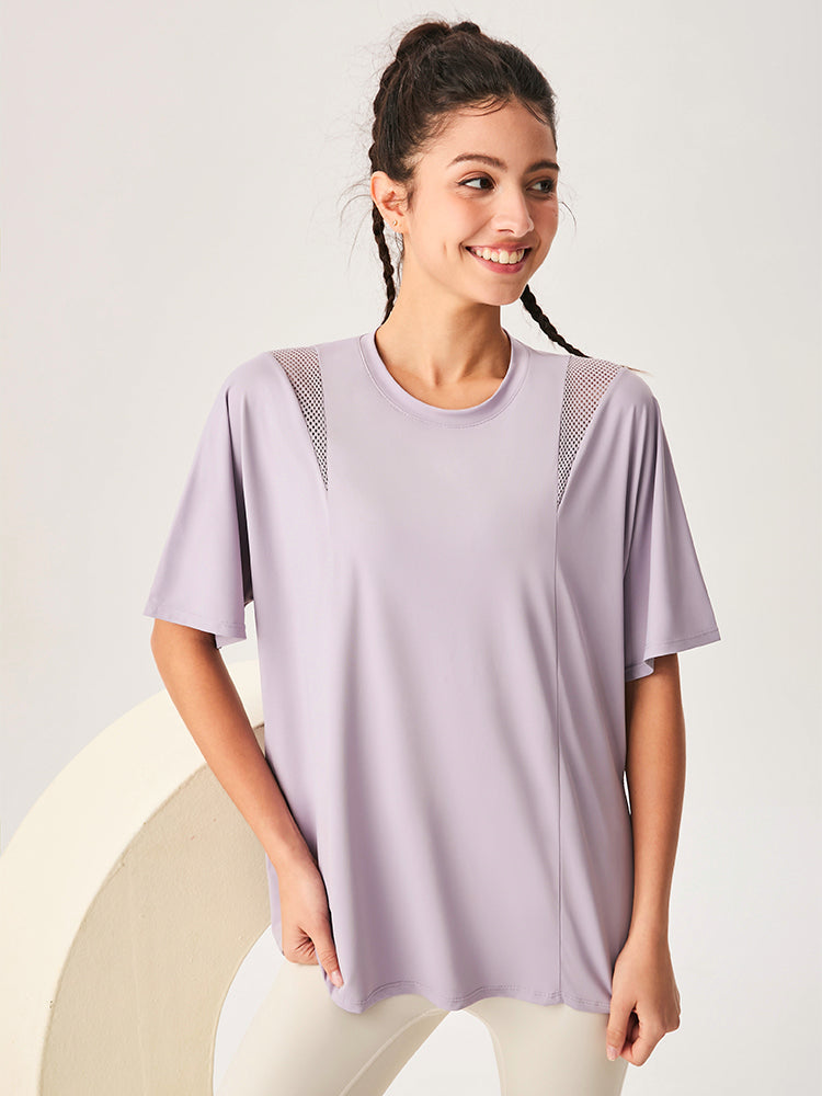 ゆったり ロング丈 半袖Tシャツ メッシュ切り替え