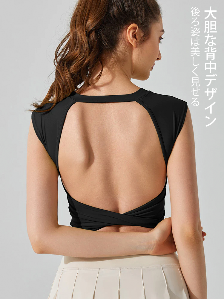 背中開き パッド付き Tシャツ
