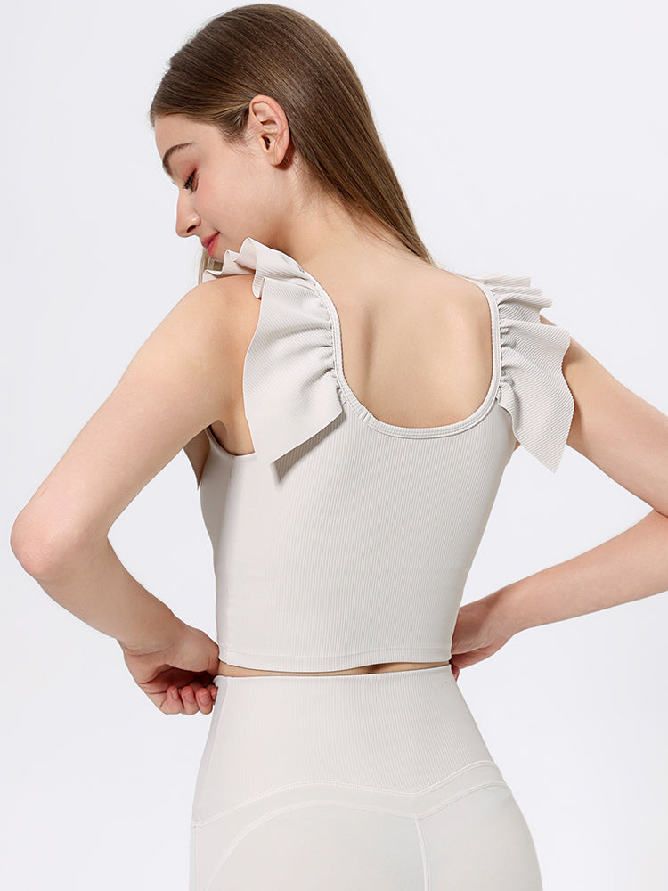 Uネック リブ編み フリル袖トップス カップ付き