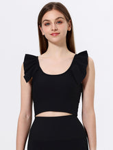 Uネック リブ編み フリル袖トップス カップ付き