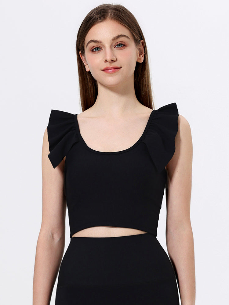 Uネック リブ編み フリル袖トップス カップ付き