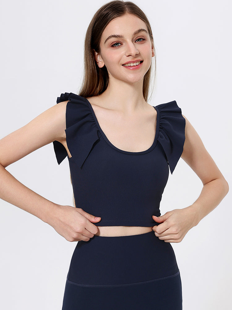 Uネック リブ編み フリル袖トップス カップ付き