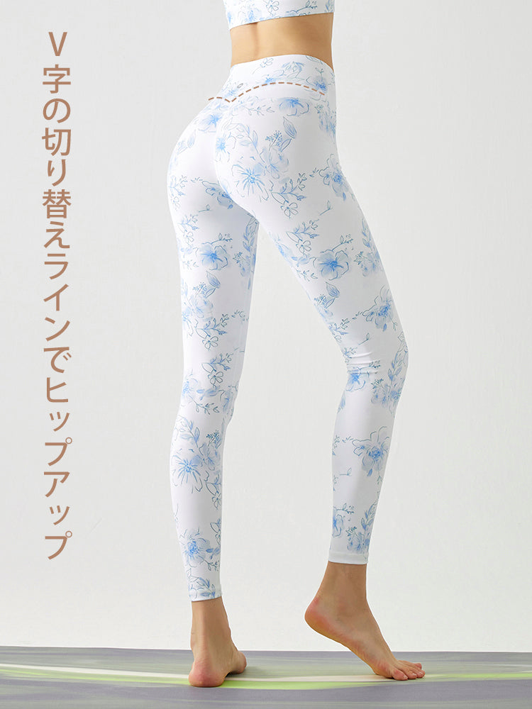 花柄 ハイウェスト シームレス レギンス