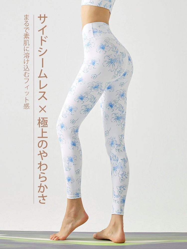 花柄 ハイウェスト シームレス レギンス
