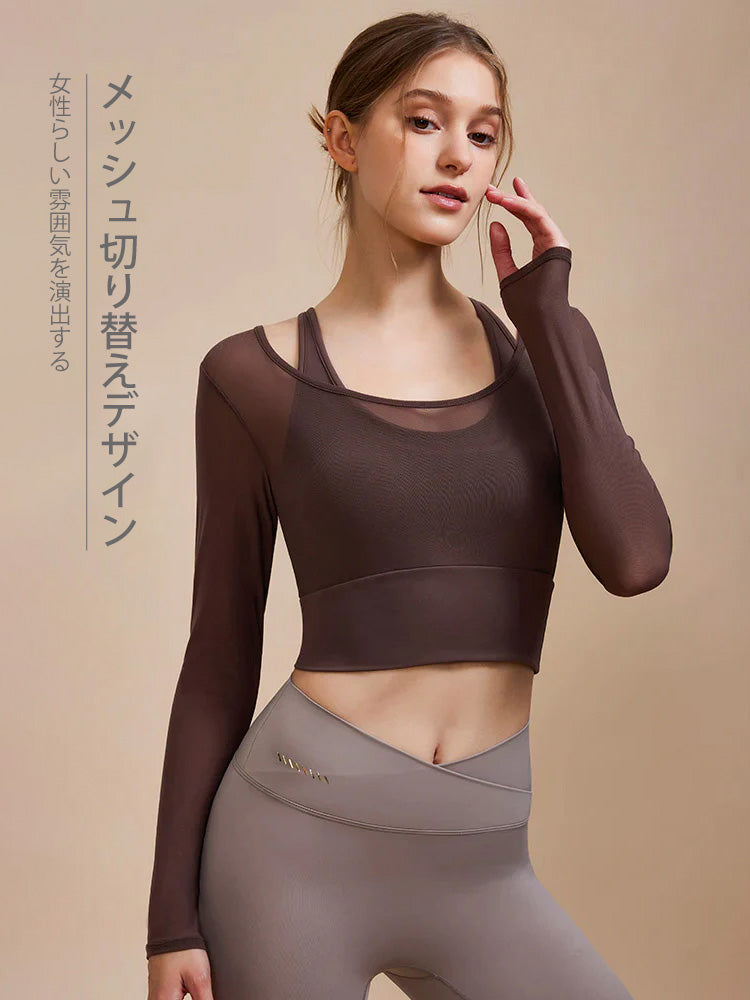 フェイクレイヤード メッシュ切り替え 長袖 ブラカップ付き