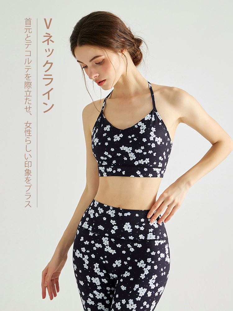 小花柄 背中見せ ホルターネック スポーツブラ