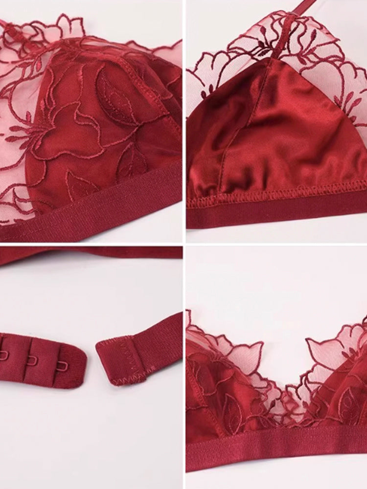 【ノンパテッド・ノンワイヤー】花咲く 刺繍レース三角カップ ブラ&ショーツセット