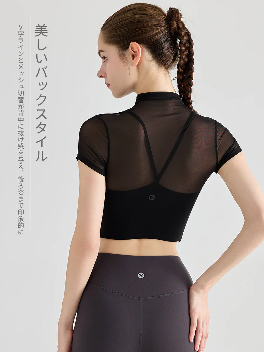 メッシュ切り替え レイヤード 半袖ヨガトップス カップ付き