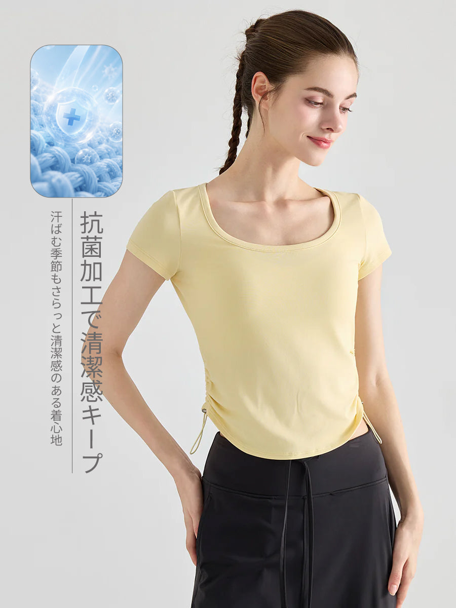 通気 抗菌 ドローストリング 半袖ヨガトップス