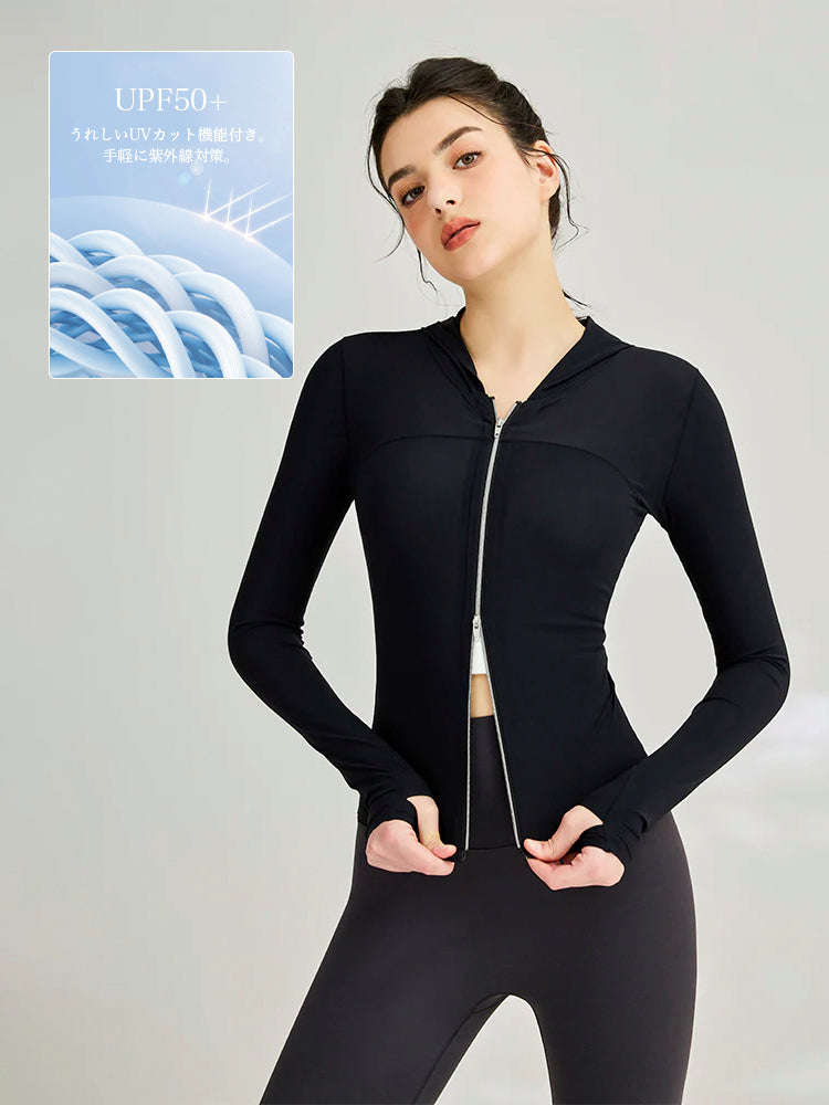 接触冷感  UVプロテクション  指穴付き  長袖  薄手 フード付きパーカー