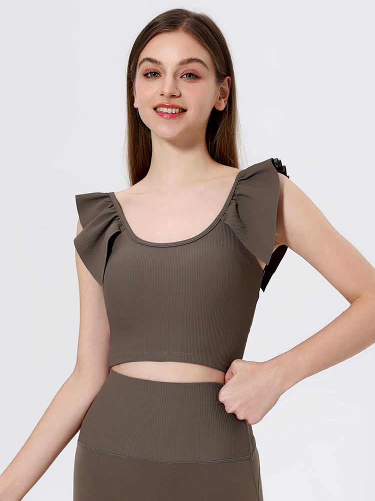 Uネック リブ編み フリル袖トップス カップ付き