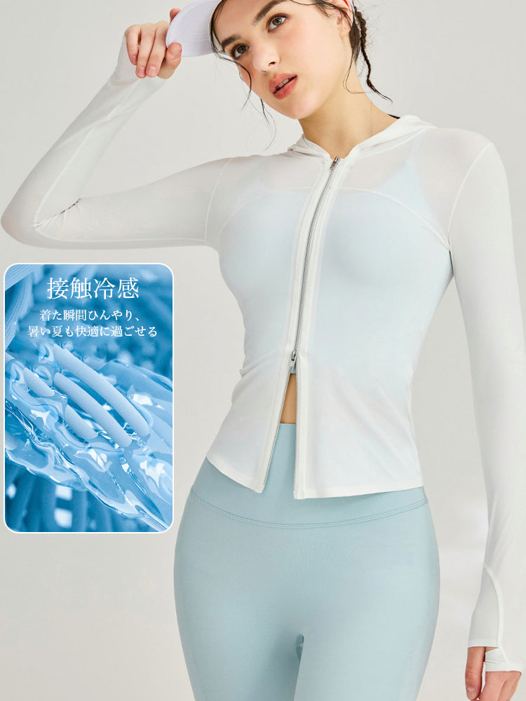 接触冷感  UVプロテクション  指穴付き  長袖  薄手 フード付きパーカー