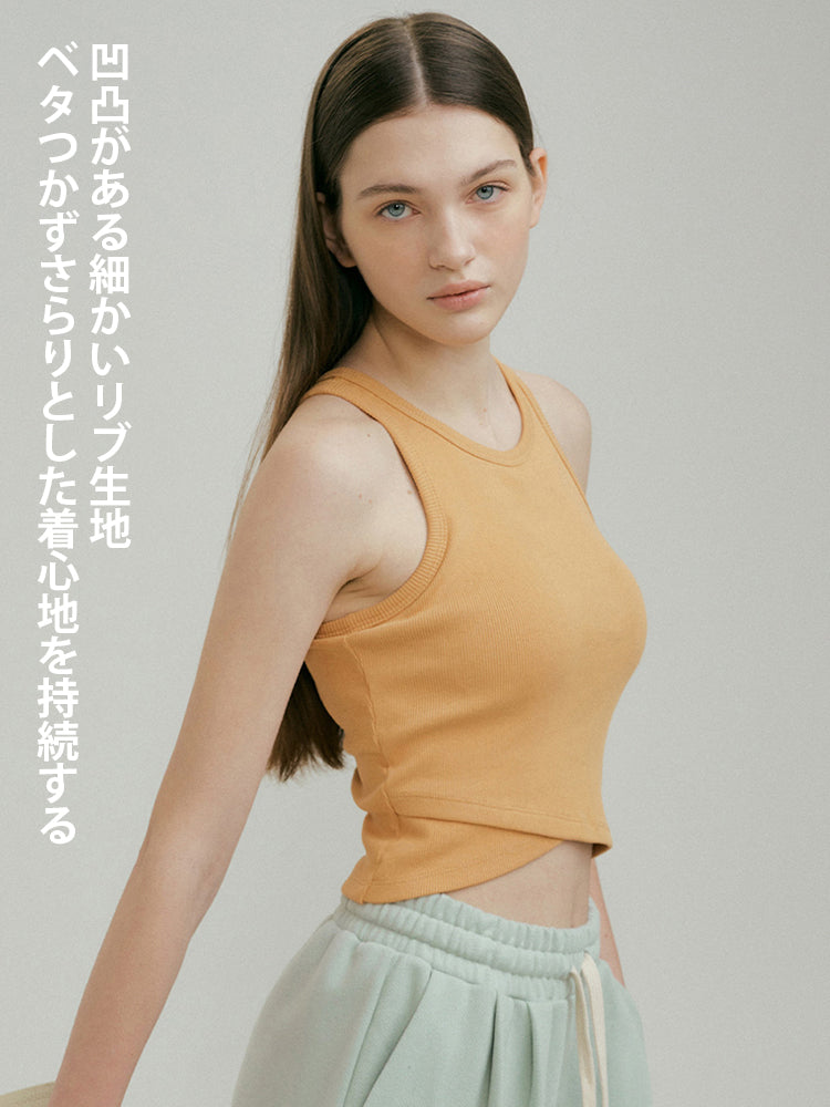 リブ Uネック タンクトップ パッド付き 裾交差