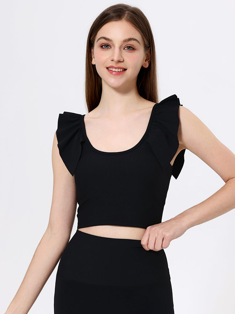 Uネック リブ編み フリル袖トップス カップ付き