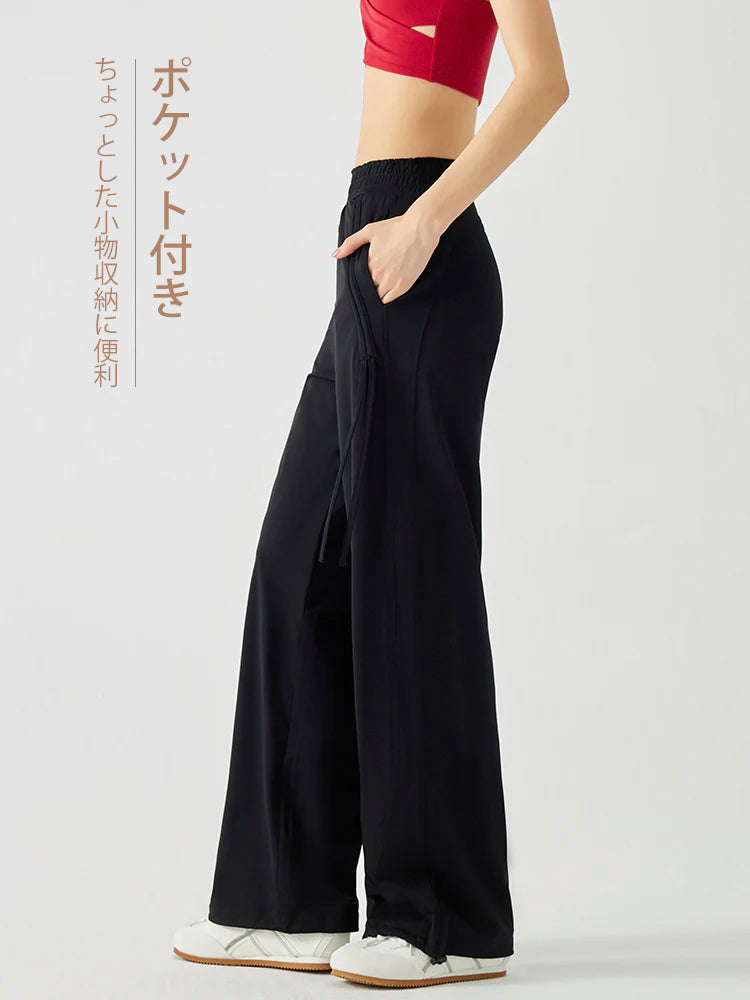 吸湿速乾 リボン ストレート ワイドパンツ