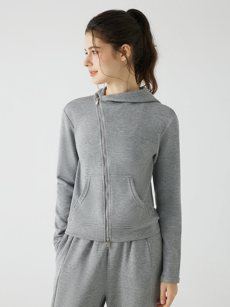 秋冬 ゆったり フード付き 斜めジップパーカ