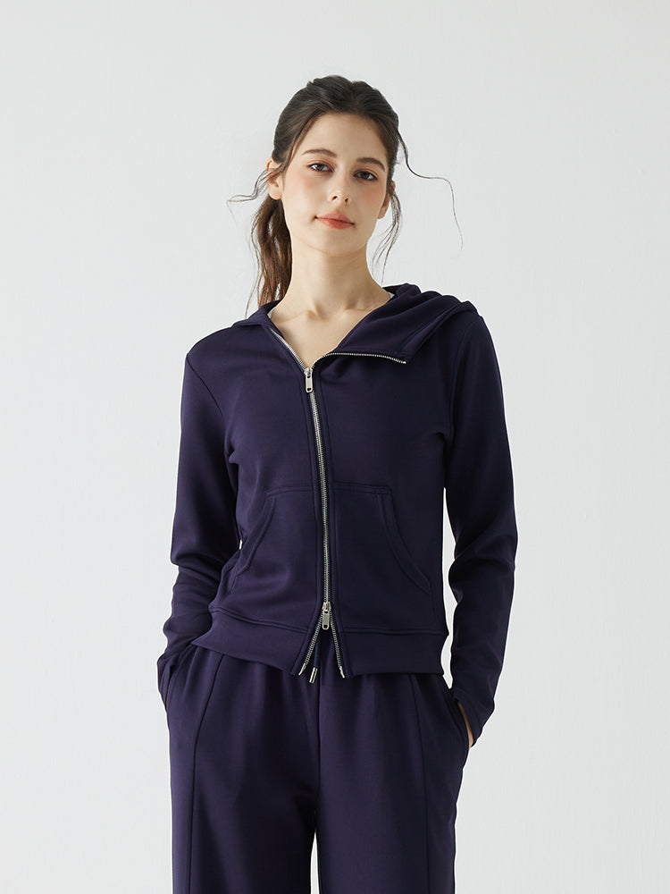 秋冬 ゆったり フード付き 斜めジップパーカ