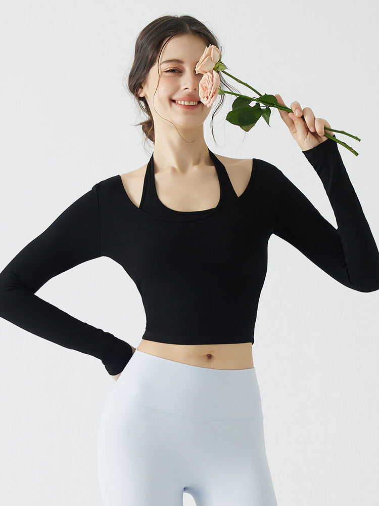 ホルターネック バックスタイル レイヤード風長袖