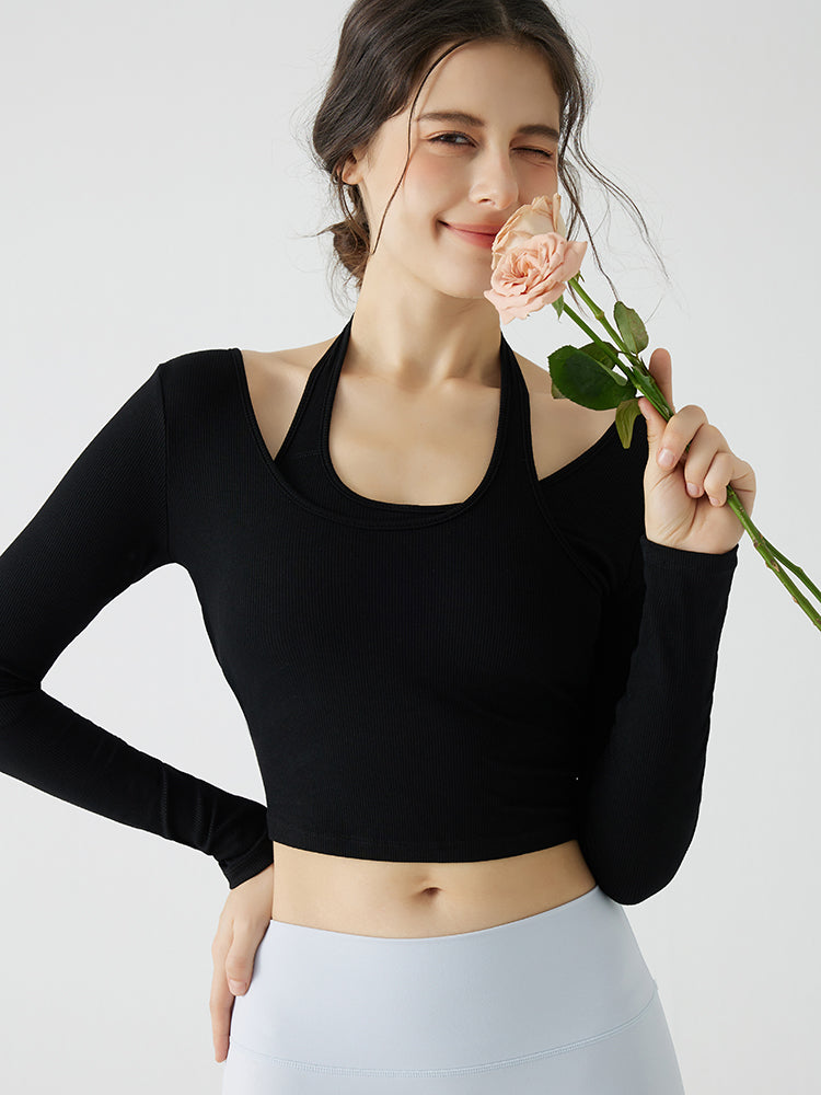 ホルターネック バックスタイル レイヤード風長袖