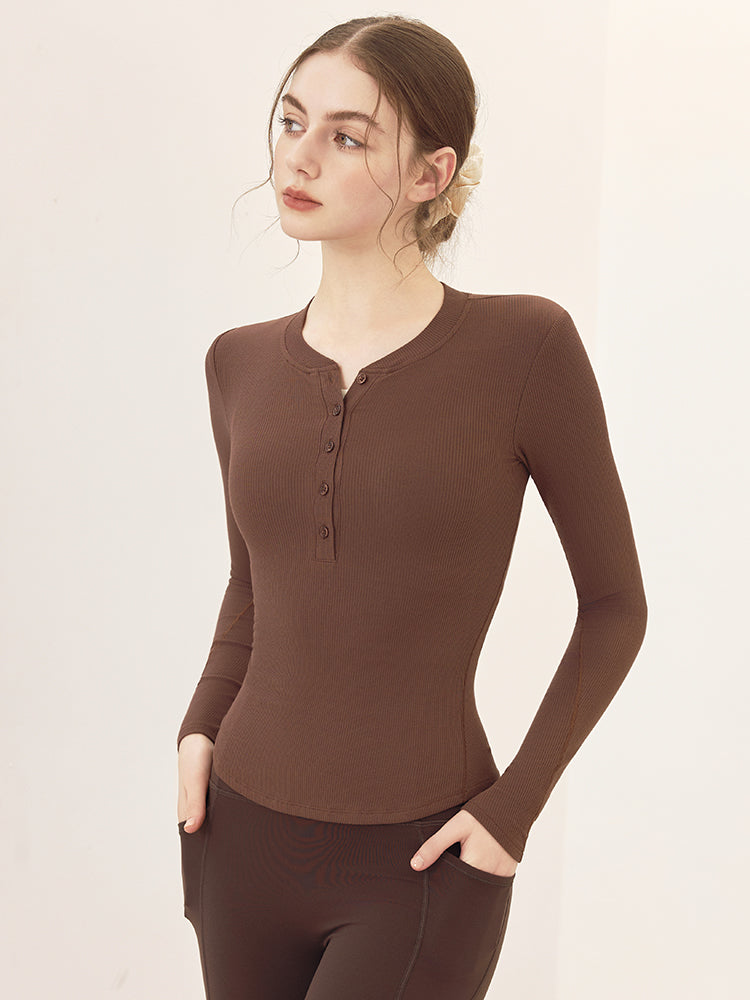 リブヘンリーネック ボタン付き 長袖